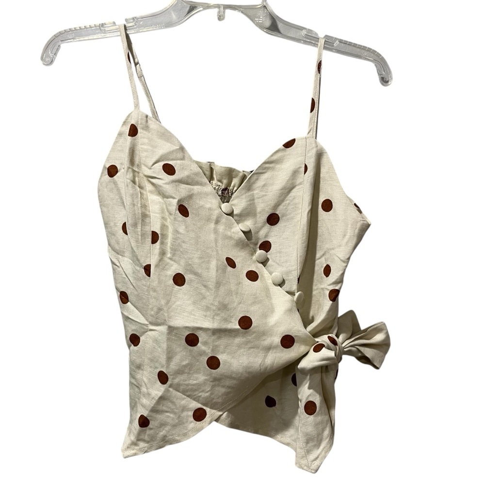 Moon River Tank Linen Size Small Tan With‎ Brown Polka dots V Neck Button…